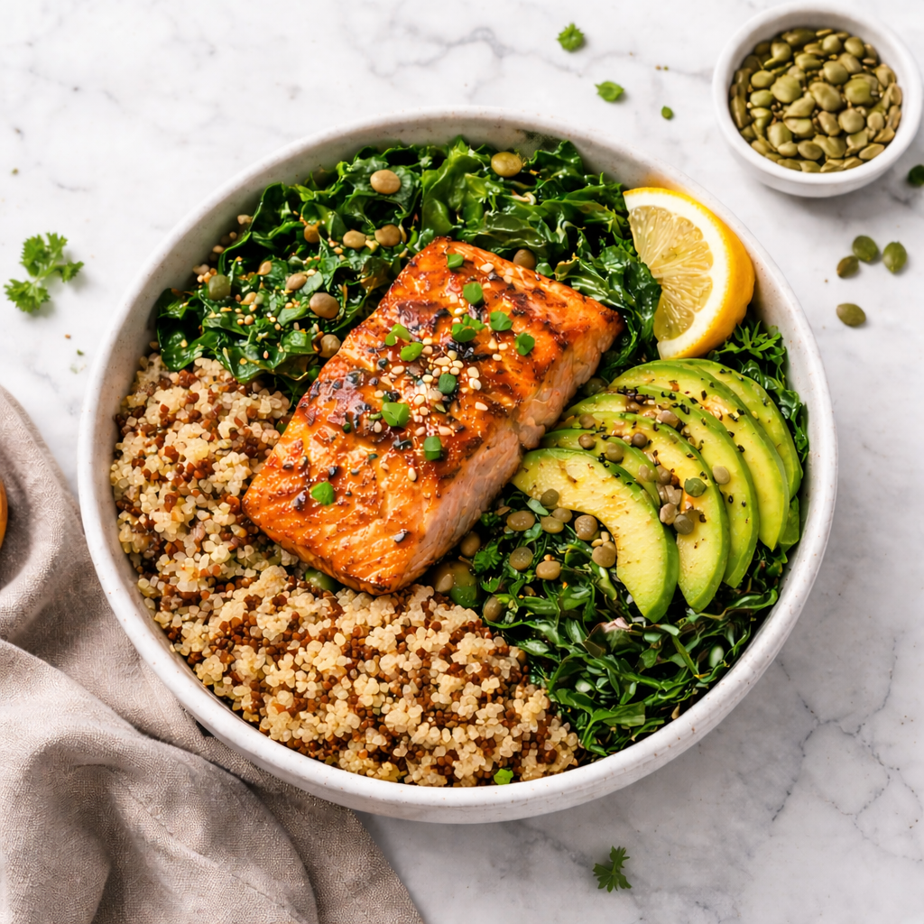 “Protein packed salmon bowl with quinoa, sautéed greens, avocado, and lemon on a marble countertop”