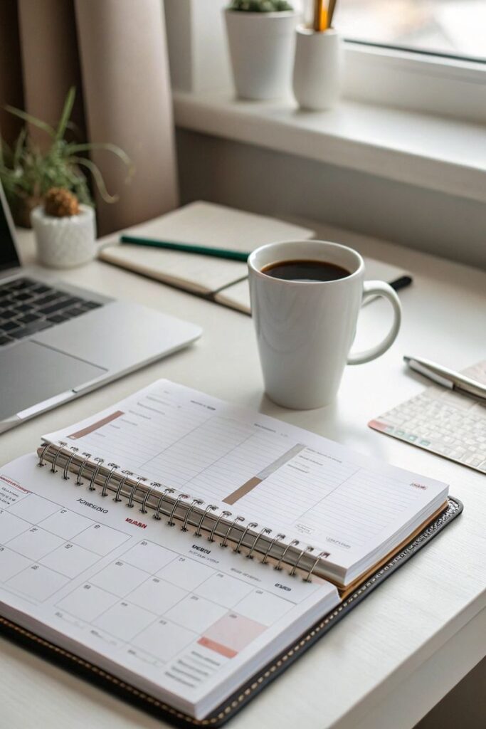 an image of a desk with a coffee cup on it, a planner open to a calendar. The desk is next to a window and there is a laptop keyboard peeking out at the very top of the image
